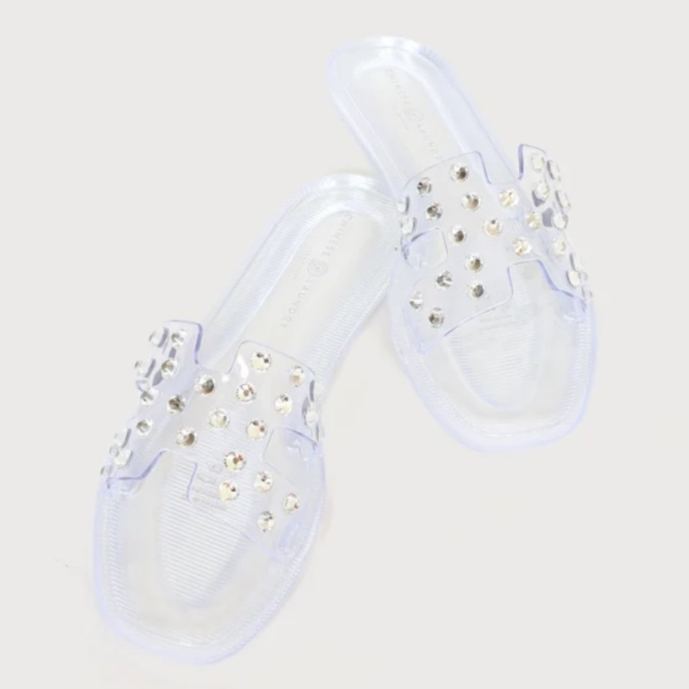 Chinese Laundry Charli Clear Rhinestone Vinyl Slide Shoes Sandals 7 New